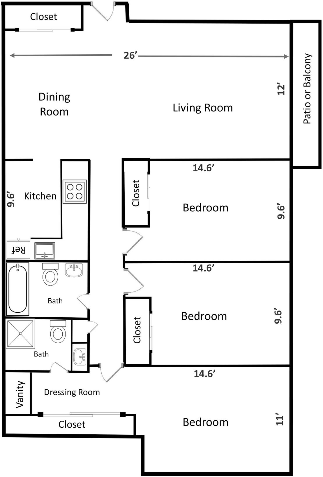 Whittier Place Apartment Three Bedroom Floorplan